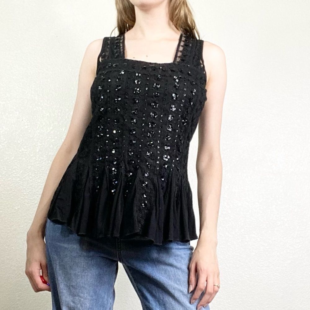 Vintage Papillon Black Sequin & Lace Ruffled Sleeveless Blouse